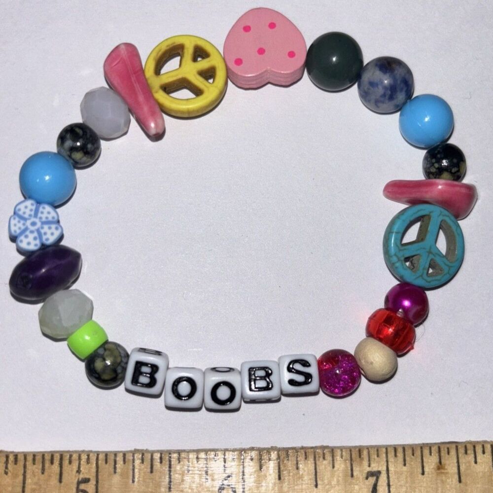 Handmade Beaded Stretch Bracelet Colorful Beads Letter Beads "BOOBS" Statement